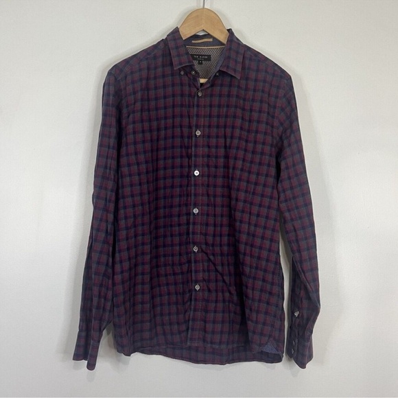 Ted Baker Red/Navy Checkered Dress Shirt Large 4 - Picture 1 of 4